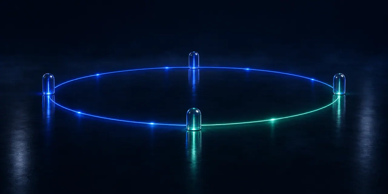 A ring of light with four glass nodes. Blue light travels around it and turns green between the qualified node and the signal node before returning to the start.