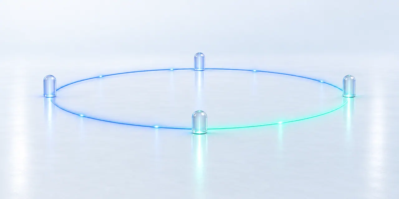 A ring of light with four glass nodes. Blue light travels around it and turns green between the qualified node and the signal node before returning to the start.