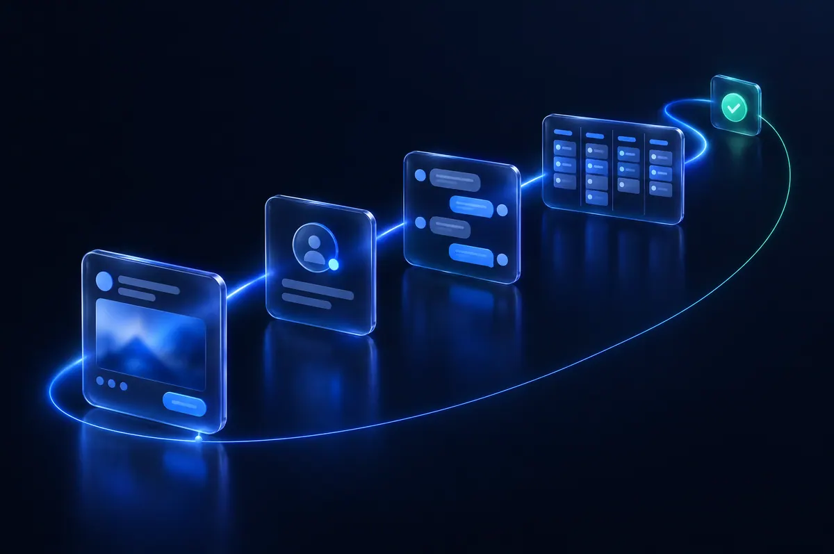 A sequence of glass panels along one stream of light: an ad, a new lead, a chat conversation, a sales pipeline and a green check for a won customer, with a thin line looping back to the ad.