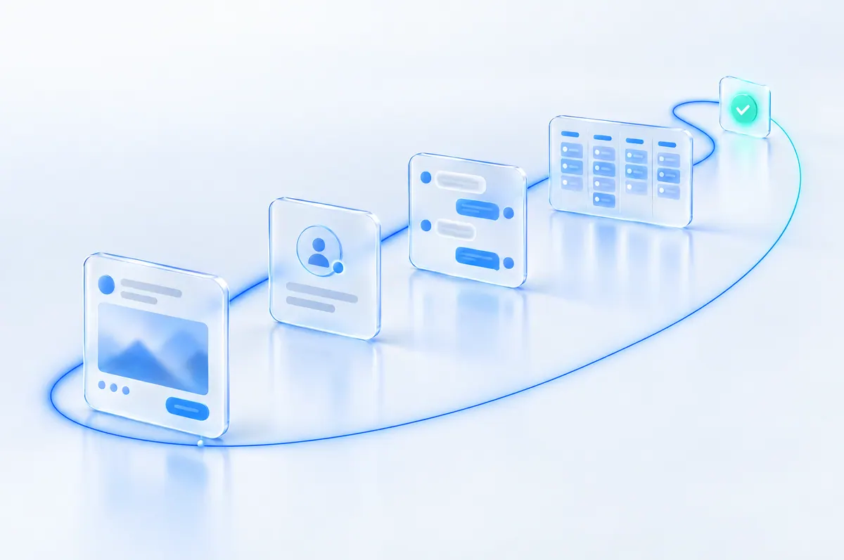 A sequence of glass panels along one stream of light: an ad, a new lead, a chat conversation, a sales pipeline and a green check for a won customer, with a thin line looping back to the ad.