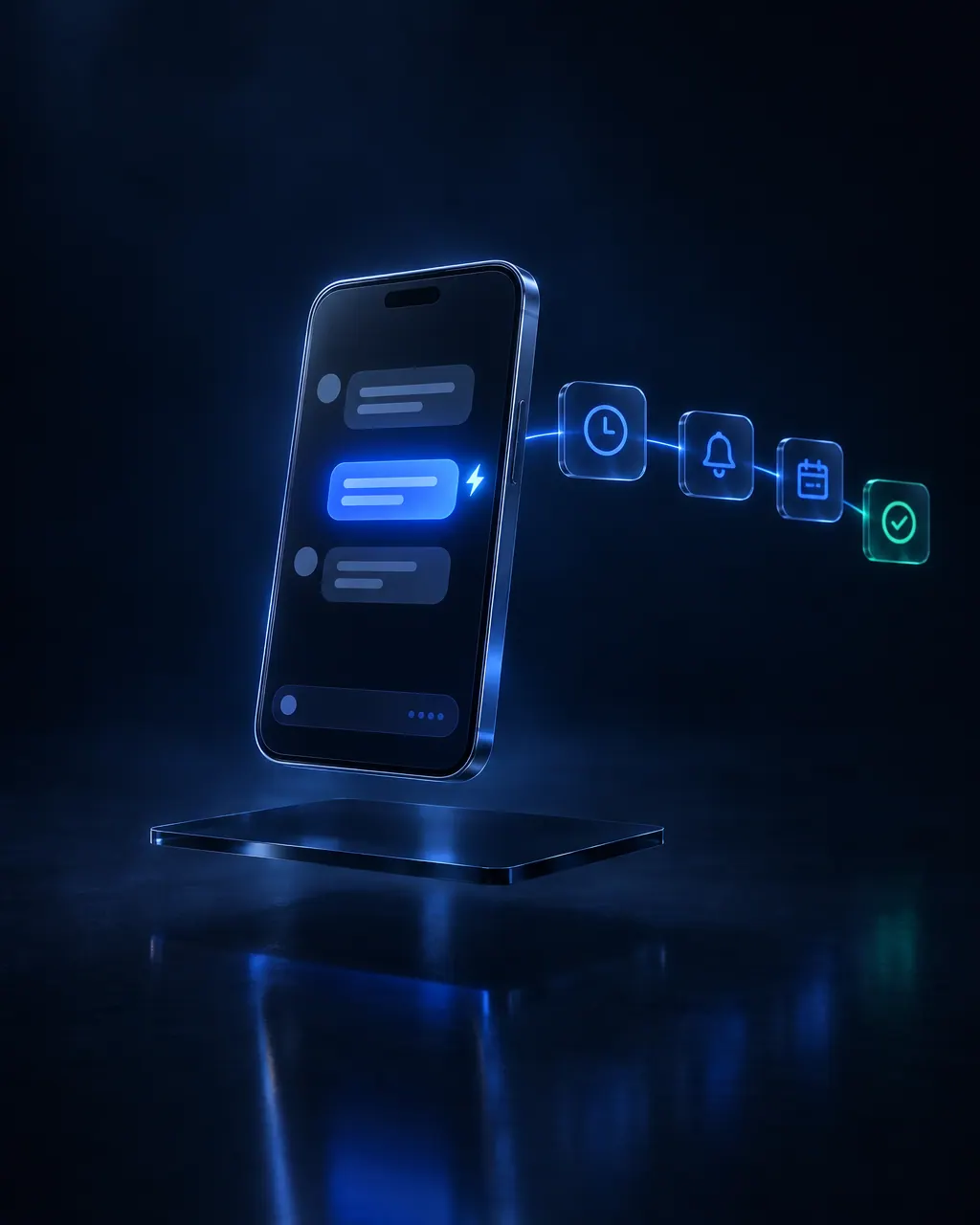 A phone showing an instant reply, followed by clock, bell and calendar follow-up steps.