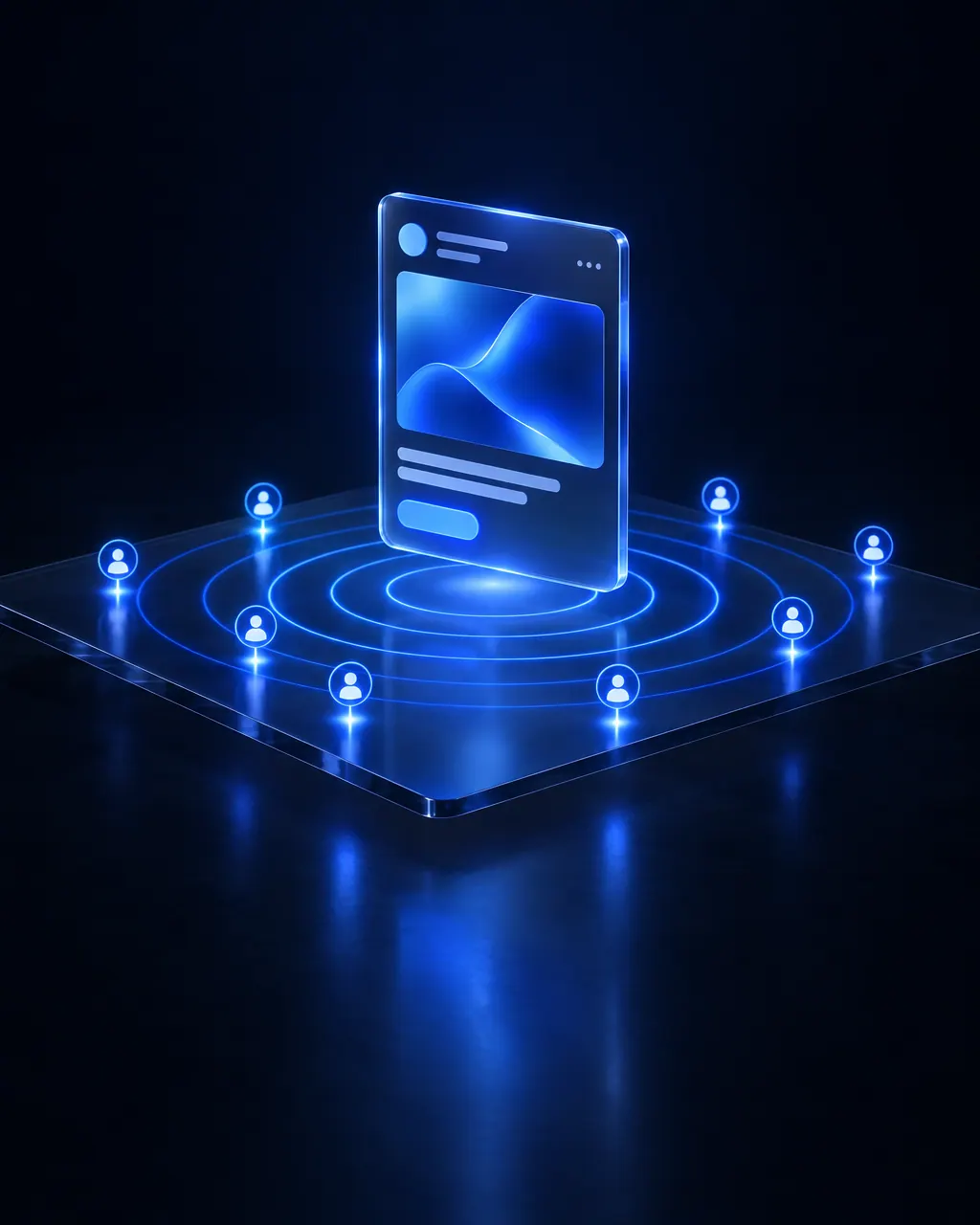 A glass ad card sending rings of blue light out to scattered points, reaching people.