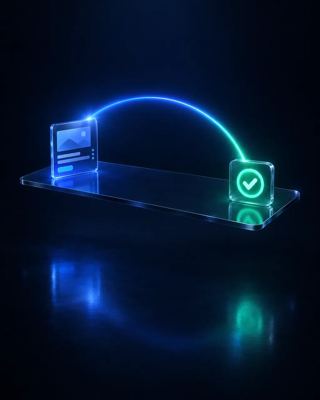 A green check for a won customer sending a beam of light back to the ad card.
