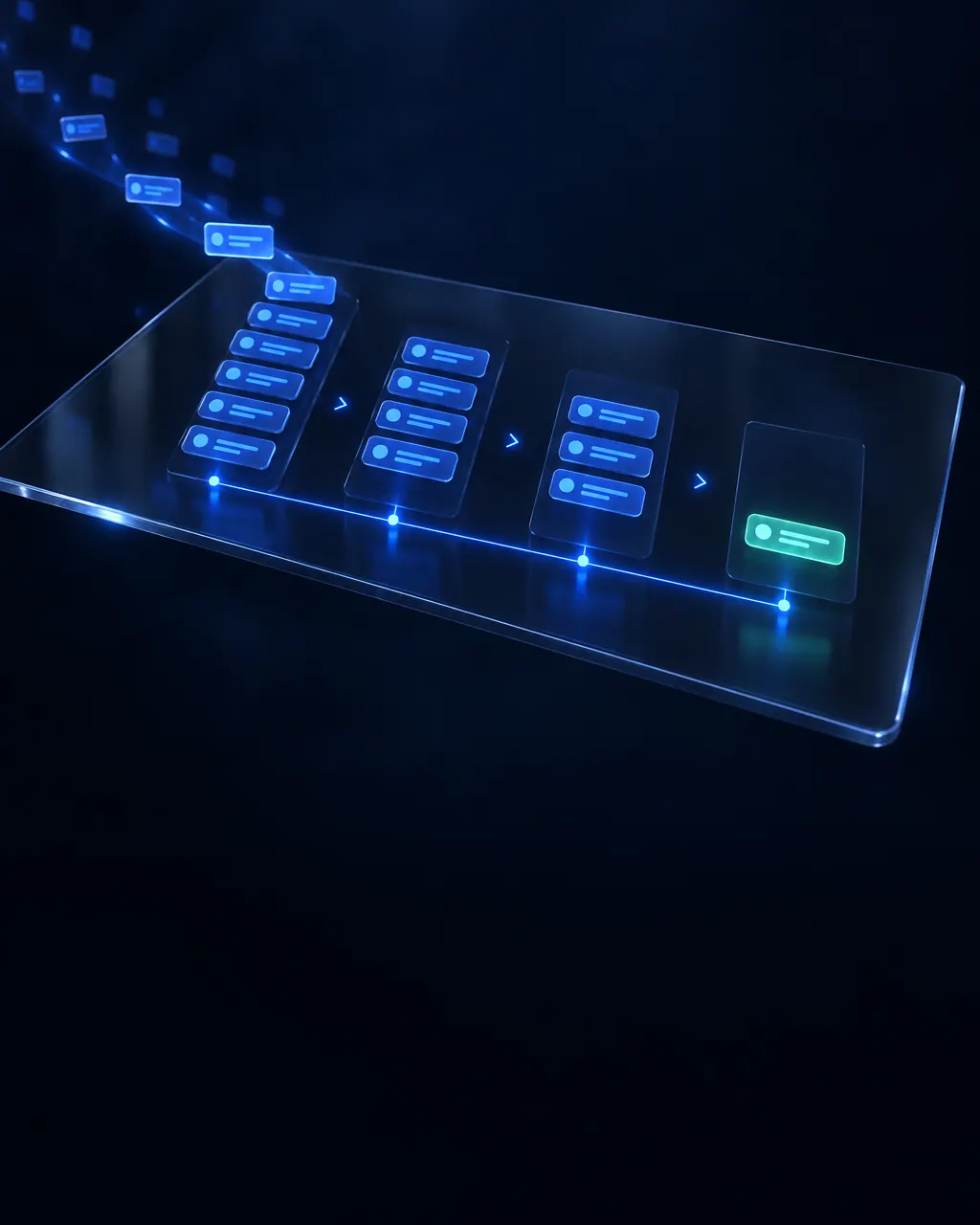 Incoming blue lead cards settling into four orderly pipeline columns.